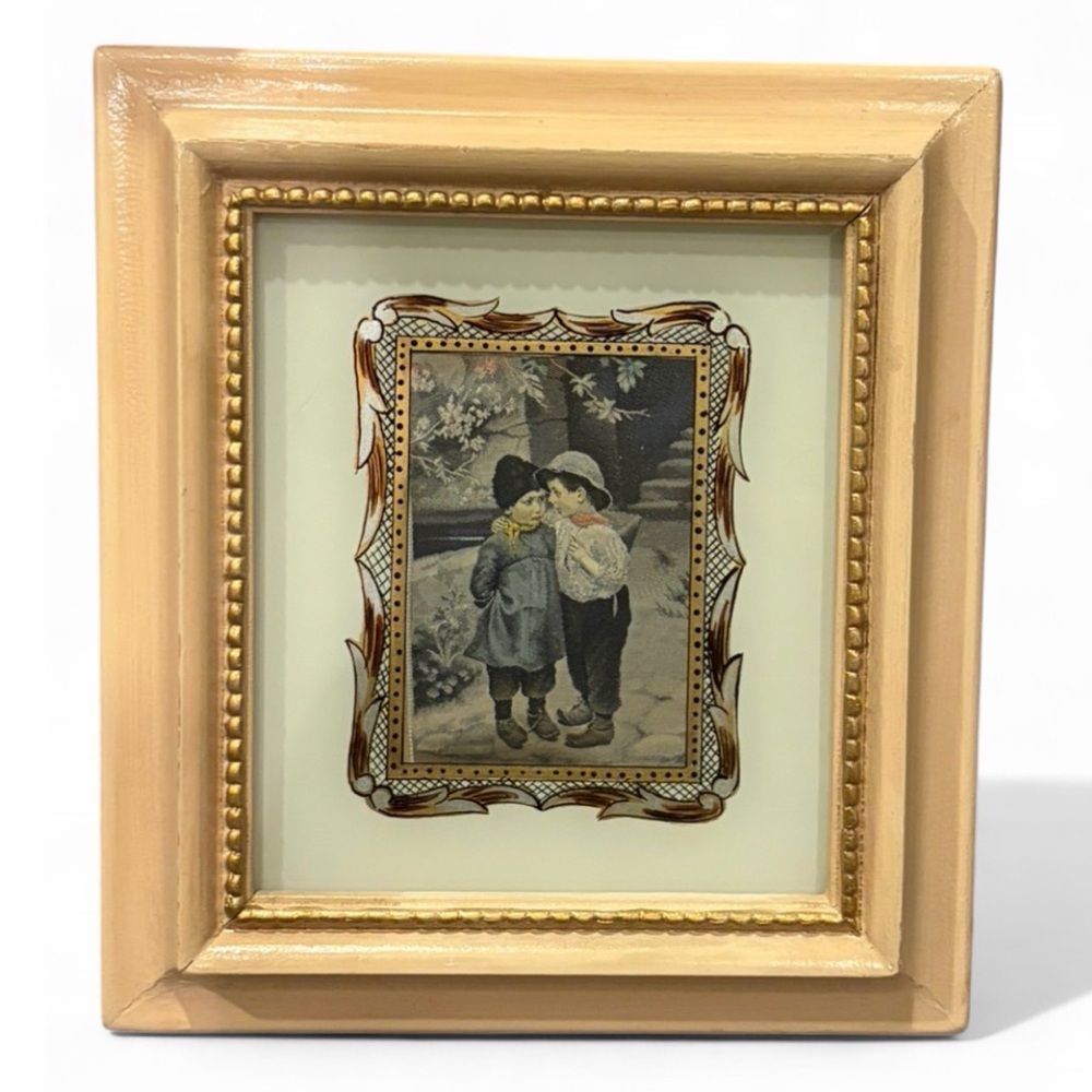 Antique The Secret Woven Silk Framed Tapestry, Two Children in Color Artwork Art